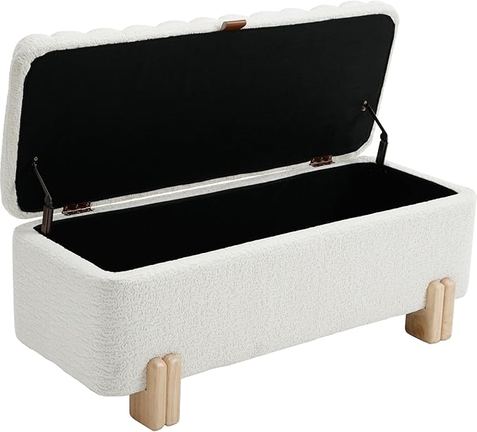 Kmax 45" Storage Bench Faux Fur Entryway Bench Upholstered Ottoman Bench with Wavy Top &amp; Safty Hinge for Bedroom Living Room Hallway, White