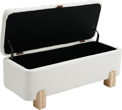 Kmax 45" Storage Bench Faux Fur Entryway Bench Upholstered Ottoman Bench with Wavy Top &amp; Safty Hinge for Bedroom Living Room Hallway, White