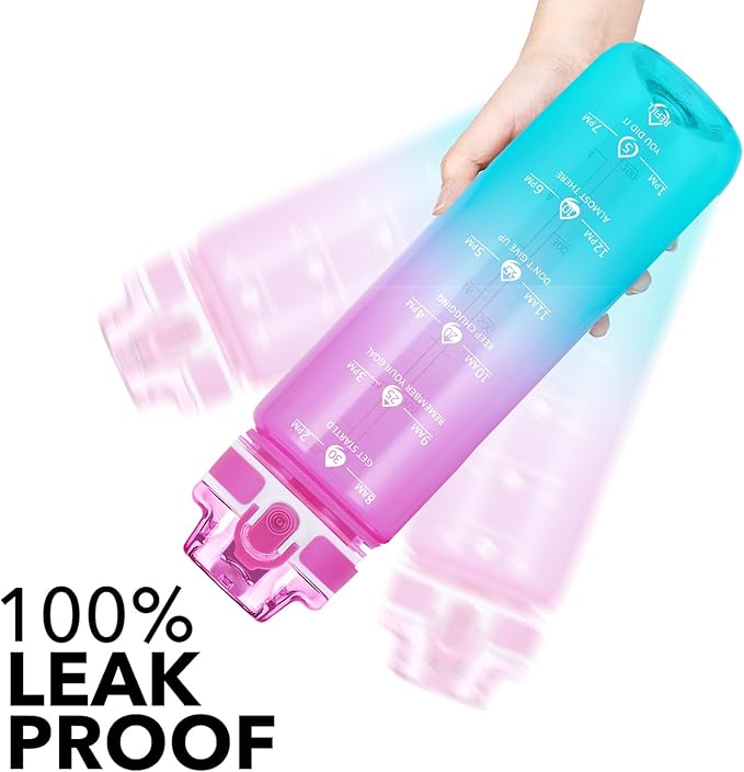 32oz Motivational Water Bottles with Time Marker &amp; Fruit Strainer, Transparent Gradient Color Water Bottle with Times to Drink, Leakproof &amp; BPA Free, Reusable Bottle with Strap (No Straw)