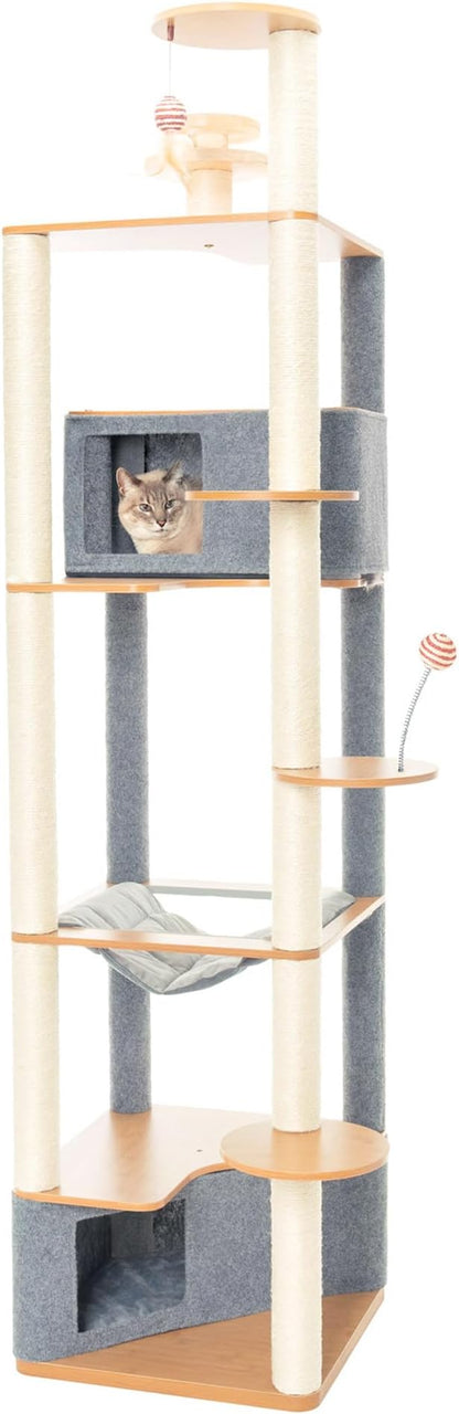Ascentials - Grand Suite Cat Scratcher Playground - Tall Cat Tower Playground Structure, Sisal Scratching Areas, Grey Felt, Bamboo Veneer w/Linen &amp; Velvet Surface Areas