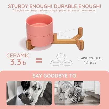 SPUNKYJUNKY Ceramic Dog and Cat Bowl with Wood Stand Non-Slip Matte Glaze Weighted Food Water Set for Cats &amp;Small Dogs 13.5 OZ
