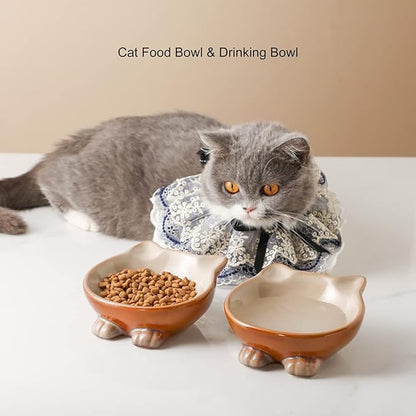 Nihow Ceramic Basic Cat Bowls: 5 Inch Cat Bowl for Food &amp; Water - Food Grade Cat Dish for Small-Sized Cat - Microwave &amp; Dishwasher Safe -Elegant Brown (4.25 OZ /1 PC)