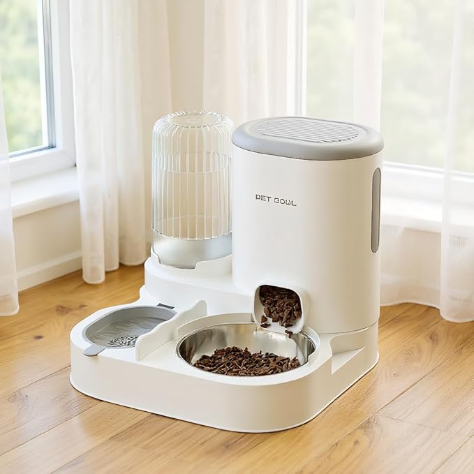 Automatic Cat Feeder &amp; Water Dispenser - Dual Container for Dry/Wet Food, Two-in-One Upgraded Gravity Feeder and Water Dispenser Combo Set for Cats and Dogs. (Grey)