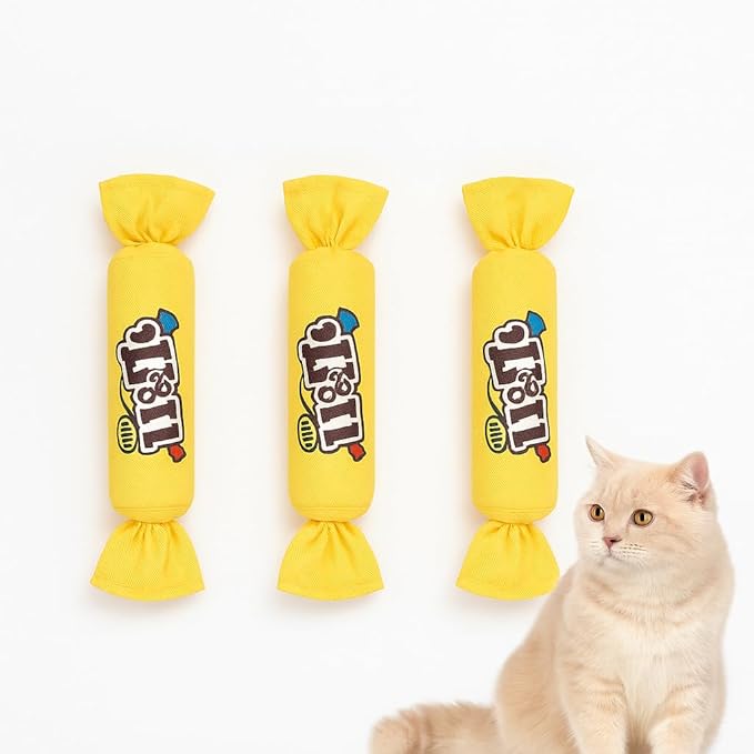 Catnip Candy Toys for Indoor Cats – 3-Pack Crinkle Cat Toys with Catnip Pouches, Durable Canvas &amp; Soft Filling, Cat Chew Toys for Kittens &amp; Adults (Yellow)