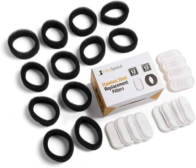 Cat Water Fountain Filters for 108oz/3.2L… (6 Month Supply: 12 Filters &amp; 12 Sponges), White, SSF246