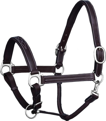 Exion Leather Horse Halter with Fancy Stitching | Black &amp; Brown Padded Halter with Silver Brass Hardware | Quick-Release Snap | Adjustable Leather Halter – Cob, Full, Over, Pony Sizes