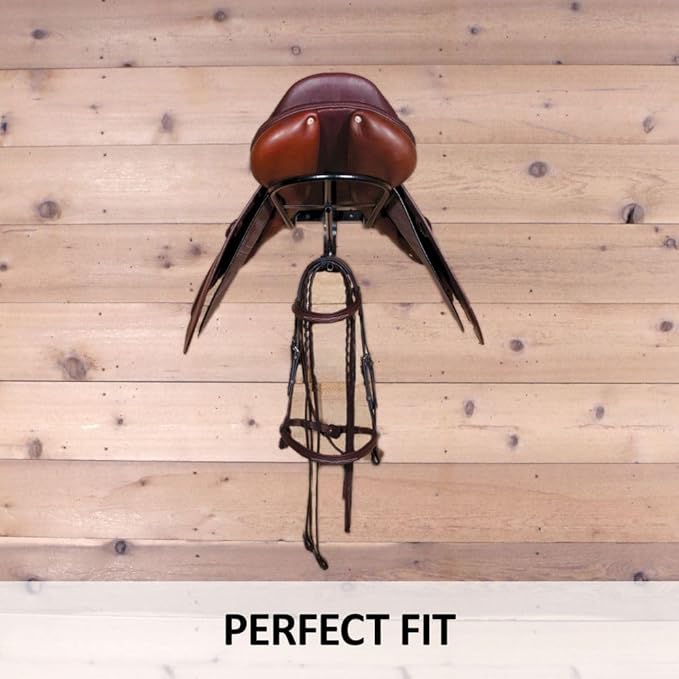Black English &amp; Western Saddle Rack | Organize Tack Room | Sleek and Durable | PVC Coated Steel | Mounts Easily | Includes Hook to Hold a Bridle, Helmet or Other Items