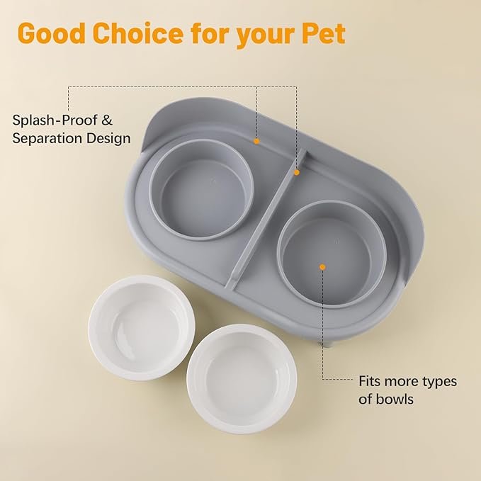 Elevated Cat Bowls, Tilted Rised Cat Food and Water Bowl with 2 Pcs Ceramic Pet Bowls, Rised Stand, Pet Dish Anti Vomiting Feeding Station for All Sized Cats &amp; Small Dogs (Grey)