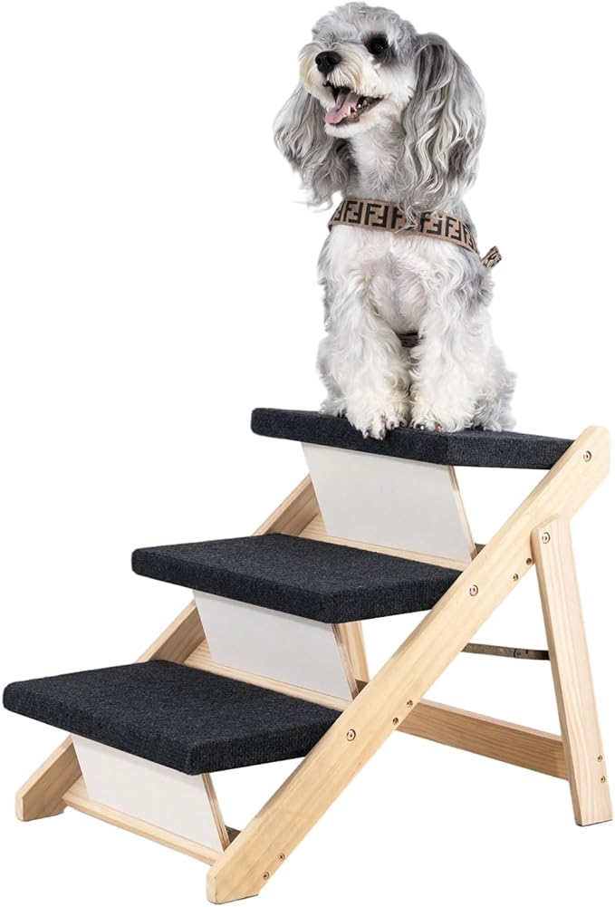 MEWANG Wood Pet Stairs &amp; Ramp for Small/Medium Dogs and Cats, Aging Pets – 3-in-1 Foldable, Portable, Non-Slip Pet Ladder for Tall Beds, Couches,Cars–Holds Up to 220 lbs (24.8" L x 17.2" W x 19.5" H)