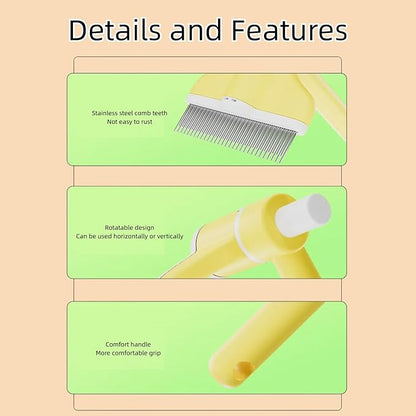 360° Press and Rotate Flea Comb for Cats and Dogs - Self-Cleaning Pet Hair Removal Tool with Release Button &amp; Long-Short Stainless Steel Teeth for Shedding (Green)