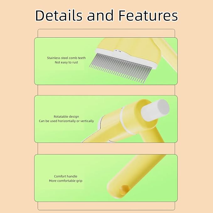 360° Press and Rotate Flea Comb for Cats and Dogs - Self-Cleaning Pet Hair Removal Tool with Release Button &amp; Long-Short Stainless Steel Teeth for Shedding (Yellow)