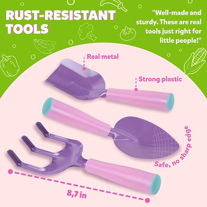 Pink Kids Gardening Tools - includes Sturdy Tote Bag, Watering Can, Gloves, Shovels, Garden Stakes, and a Delightful Children&