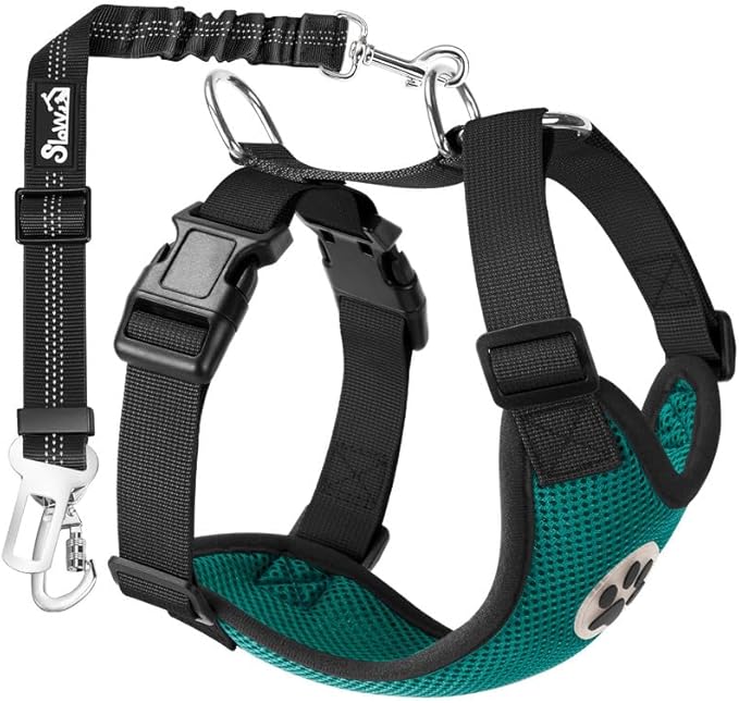 SlowTon Dog Seat Belt Harness for Car, Dog Car Harness Adjustable Mesh Breathable &amp; Dog Seatbelt Safety Tether with Elastic Bungee for Small Medium Large Pets(Green, Double Clip, M)