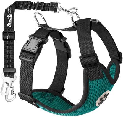 SlowTon Dog Seat Belt Harness for Car, Dog Car Harness Adjustable Mesh Breathable &amp; Dog Seatbelt Safety Tether with Elastic Bungee for Small Medium Large Pets(Green, Double Clip, M)