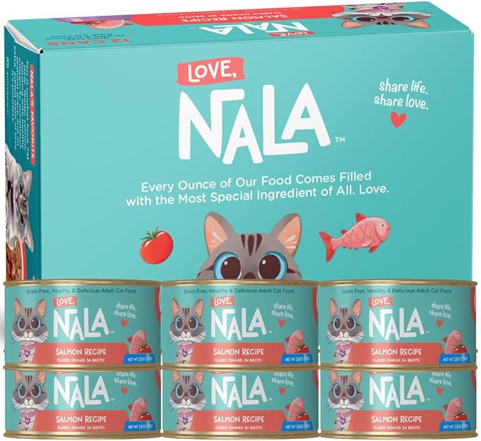 LOVE, NALA - Natural Adult Cat Wet Food - FLAKED Salmon in Broth - Grain Free, Non-GMO, Lean Protein with Omega 3, Added Minerals &amp; Vitamins - 12 Pack, 2.4 lbs.