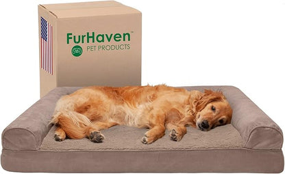 Furhaven Cooling Gel Dog Bed for Large Dogs w/ Removable Bolsters &amp; Washable Cover, For Dogs Up to 95 lbs - Plush &amp; Suede Sofa - Almondine, Jumbo/XL
