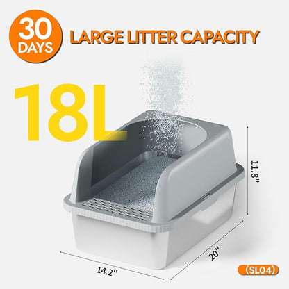 Stainless Steel Cat Litter Box with Lid, 20" L x 14.2" W x11.8 H, Large Cat Litter Box for Multiple Cats with High Sided, No-Leak &amp; Stick, Easy to Clean, Includes Litter Mat &amp; Multi Functional Scoop