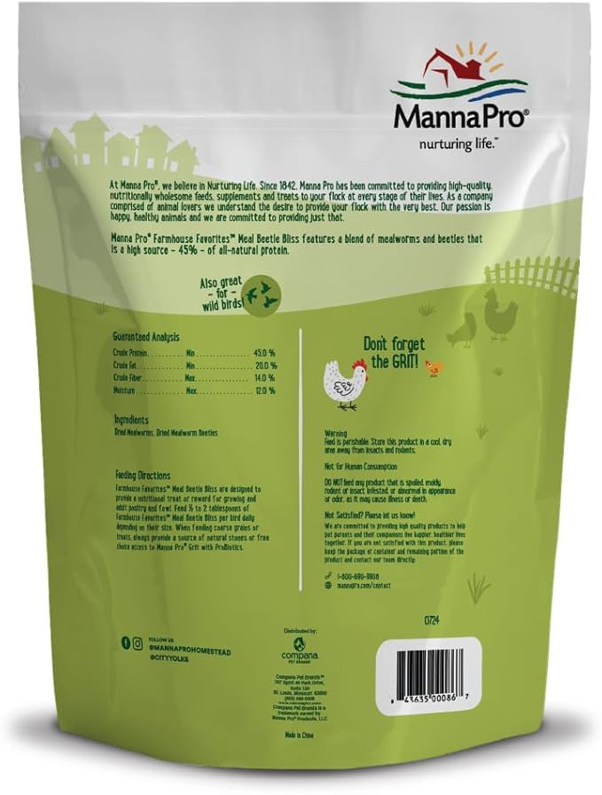 Manna Pro Farmhouse Favorites Beetle Bliss Poultry Treat – Blend of Mealworms and Beetles – All Natural Treat for Chickens, Ducks, Geese, Turkeys, &amp; Guinea Fowl – 45% Protein – 2lb Bag