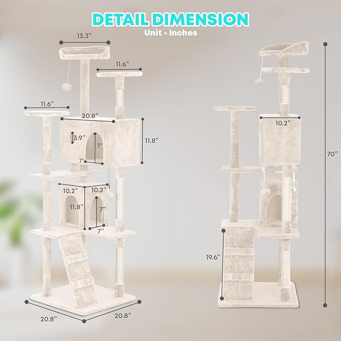 FDW Cat Tree 70in Cat Tower Multi-Level Durable Cat Scratching Post &amp; Cozy Fun Cat Jumping Platform Space Saving Cat Condo Pet Play House for Indoor Cats,Beige