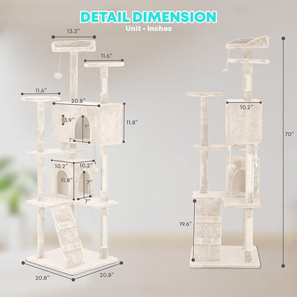FDW Cat Tree 70in Cat Tower Multi-Level Durable Cat Scratching Post &amp; Cozy Fun Cat Jumping Platform Space Saving Cat Condo Pet Play House for Indoor Cats,Beige