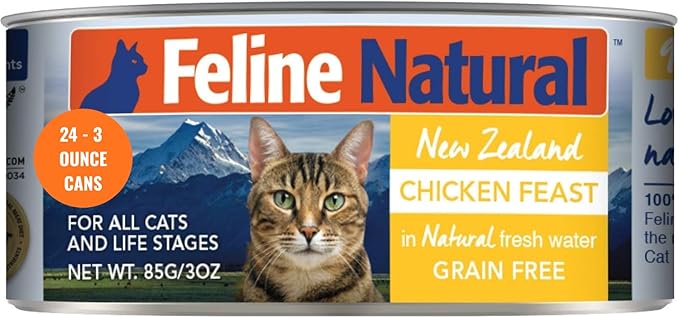 Feline Natural New Zealand Canned Catfood Wet Food, High-Meat, Low-Carb, &amp; Grain Free Cat Food Wet, Chicken Feast, 3 oz, Pack of 24
