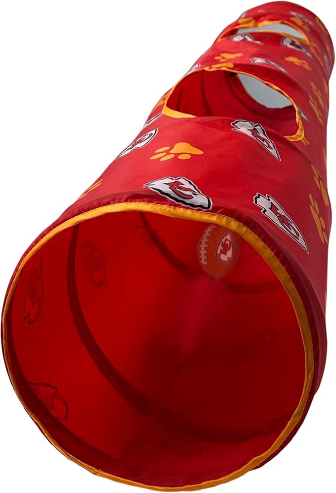 NFL Kansas City Chiefs Cat Tunnel Tube Toy with Plush Football Catnip and Feathers Collapsible Tunnel for Cats to Play, Peek and Hide, Sporty &amp; Fun Cat Tunnel Toy with Team Logo All-Over Design!