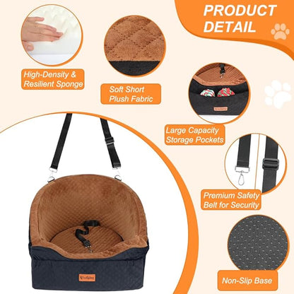 Vivifying Dog Car Seat for Small &amp; Medium Dogs, Detachable &amp; Washable Booster Seat for Pets Up to 30lbs, Travel Bed with Storage Pockets and Safety Belt – Brown&amp;Black