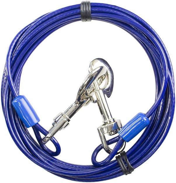 BV Dog Tie Out Cable 15 Feet - Heavy Duty Dog Lead Up to 60 Pounds - Reflective &amp; Rust-Free with Quick Release Swivel Clips &amp; 360° Rotating Clasp - Tangle-Free Dogs Runner for Yard (Blue, Single)