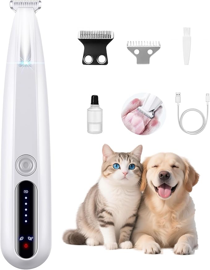 2 Mode Paw Trimmer for Dogs &amp; Cats - Electric Quiet Dog &amp; Cat Grooming Trimmer, Rechargeable Clipper with LED Light, 2 Blades, Waterproof for Paws/Ears/Face