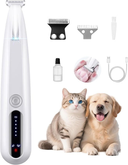 2 Mode Paw Trimmer for Dogs &amp; Cats - Electric Quiet Dog &amp; Cat Grooming Trimmer, Rechargeable Clipper with LED Light, 2 Blades, Waterproof for Paws/Ears/Face