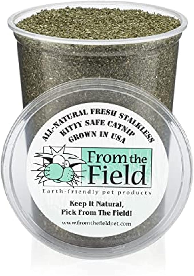 from The Field | Fine Ground Stalkless Catnip | Premium USA-Grown Catnip for Toys &amp; Playtime | Fresh, Potent, Non-Toxic, Eco-Friendly | Safe for Kittens &amp; Cats | Resealable 6 oz Tub