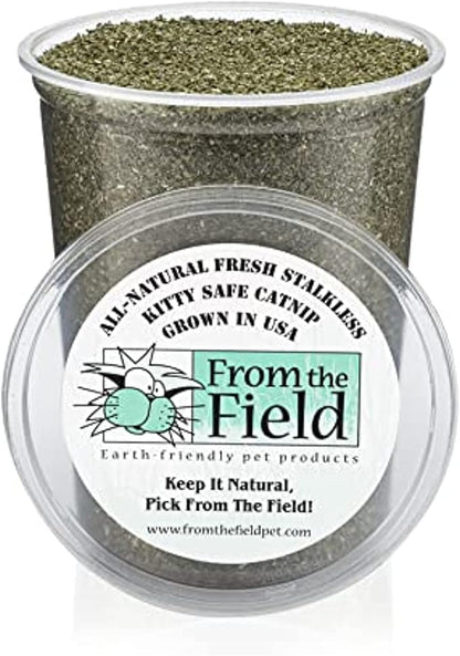 from The Field | Fine Ground Stalkless Catnip | Premium USA-Grown Catnip for Toys &amp; Playtime | Fresh, Potent, Non-Toxic, Eco-Friendly | Safe for Kittens &amp; Cats | Resealable 6 oz Tub