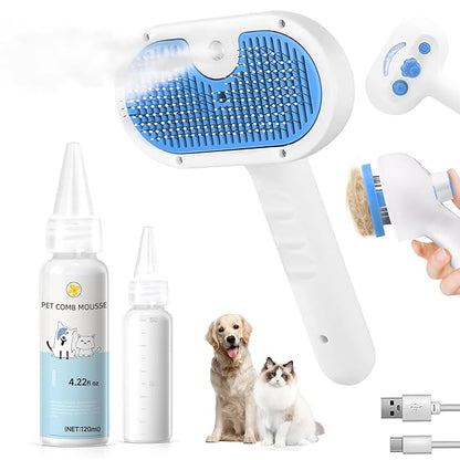 Pet Steam Brush for Dog &amp; Cat - 3-in-1 Steam Grooming Brush for Shedding &amp; Hair Removal - Self Cleaning Spray Comb with Mist for Long Haired Pets - Includes 1*Waterless Shampoo, Blue