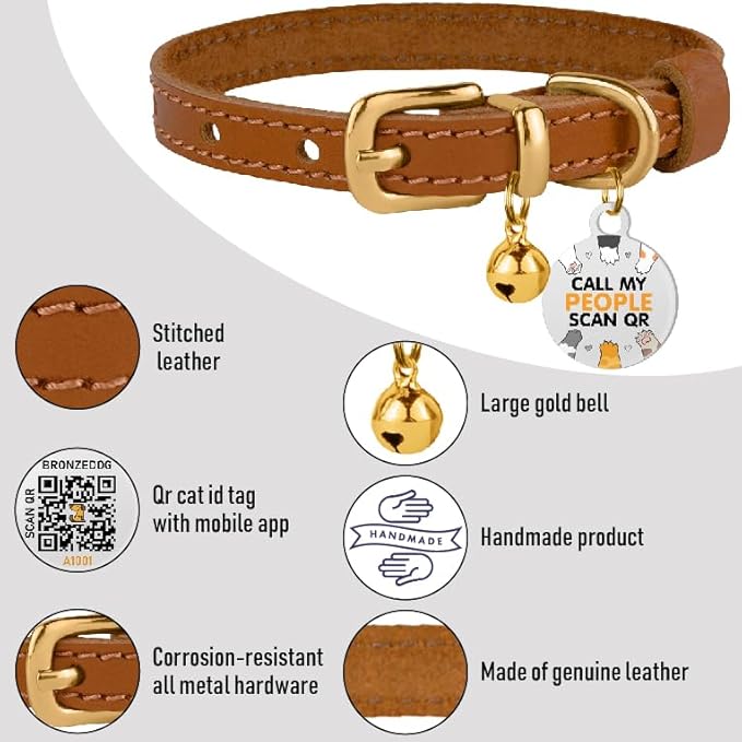 BRONZEDOG Leather Cat Collar with Removable Bells Non Breakaway Kitten QR Tag for Girl Boy (9" - 12" Cats/Mini Dogs, Light Brown &amp; Gold)