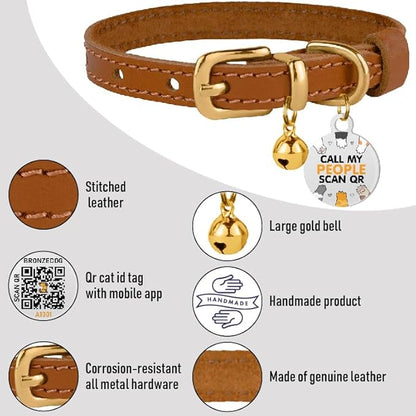 BRONZEDOG Leather Cat Collar with Removable Bells Non Breakaway Kitten QR Tag for Girl Boy (9" - 12" Cats/Mini Dogs, Light Brown &amp; Gold)