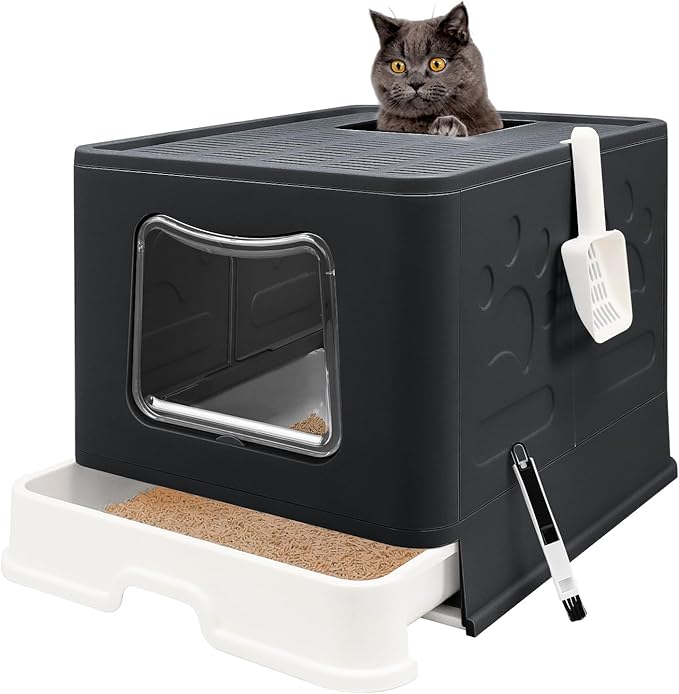 XL Foldable Cat Litter Box with Lid - Jumbo Enclosed Potty - Top Entry Anti-Splashing Toilet - Includes Scoop &amp; 2-in-1 Cleaning Brush (Black)