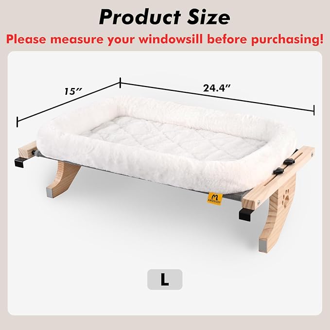 AMOSIJOY Cat Sill Window Perch Sturdy Hammock Seat with Cushion Bed Cover, Wood &amp; Metal Frame for Large Cats, Easy to Adjust Windowsill, Bedside, Drawer and Cabinet (L)