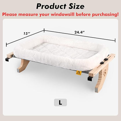 AMOSIJOY Cat Sill Window Perch Sturdy Hammock Seat with Cushion Bed Cover, Wood &amp; Metal Frame for Large Cats, Easy to Adjust Windowsill, Bedside, Drawer and Cabinet (L)