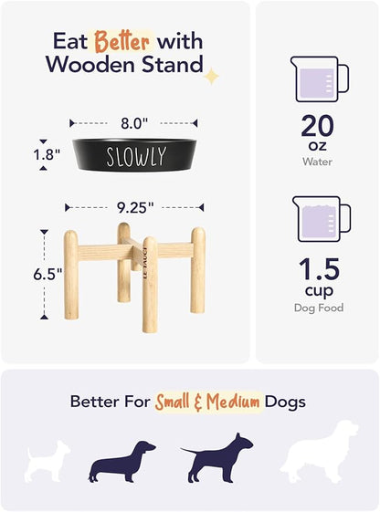 Ceramic Slow Feeder Bowl Elevated - 1.5 Cup with Wood Stand for Small &amp; Medium Breed, Anti-Gulping, Black