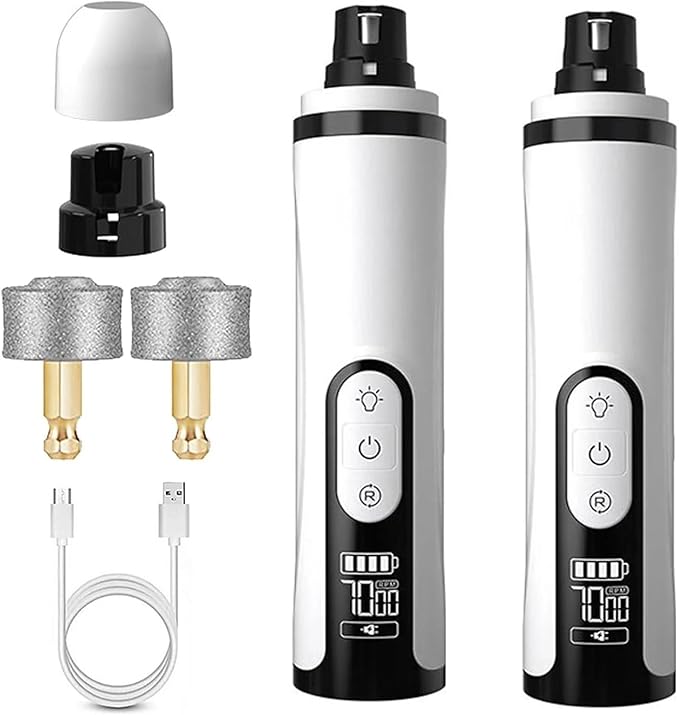 Upgrade Heusom Groom Pro Nail Grinder Cordless with LED Light &amp; 3 Speeds, Dog Cat Nail Trimmer 2000mAh Long-Lasting Battery for Thick Nails for Dogs and Cats (2 Pc+2 Heads)