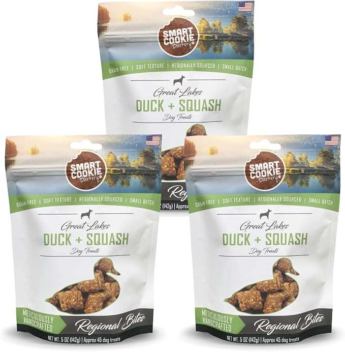 Smart Cookie All Natural Dog Treats - Duck &amp; Squash - Training Treats for Dogs &amp; Puppies with Allergies, Sensitive Stomachs - Soft Dog Treats, Chewy, Grain Free, Made in USA - 5oz, Pack of 3