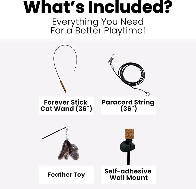 Forever Stick - The Unbreakable Cat Toy Wand, Extra Long Durable Interactive Cat Toy for Indoor Cats, Feather Kitten Toys for Bored Indoor Adult Cats, Bird Teaser Cat Accessories Enrichment