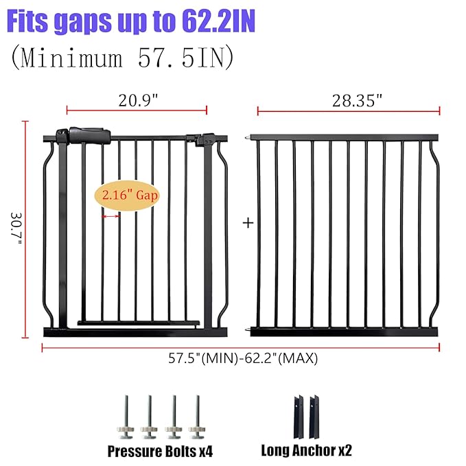 Extra Wide 57.5-62 Inch Large Baby Gates for Stairs, Doorways - No Drilling, Pressure Mounted Pet Gates for Kids &amp; Dogs