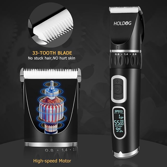 Dog Clippers Professional Heavy Duty Dog Grooming Clipper 3-Speed Low Noise High Power Rechargeable Cordless Pet Grooming Tools for Small &amp; Large Dogs Cats Pets with Thick &amp; Heavy Coats