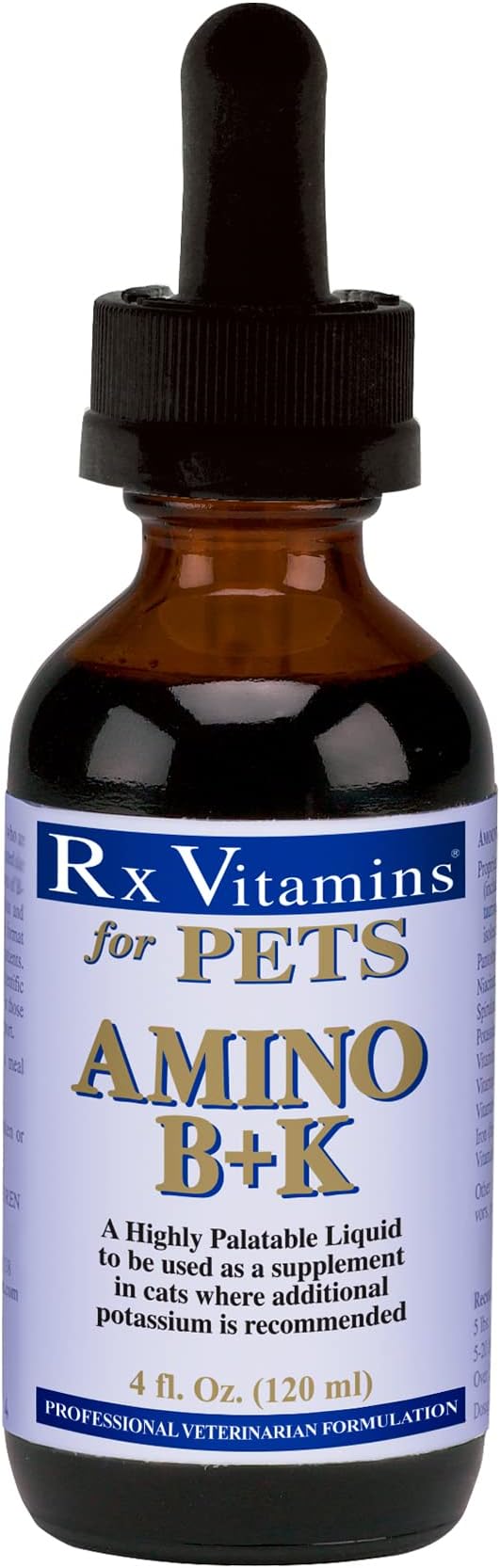 Rx Vitamins Amino B+K Supplement for Cats - Extra Potassium &amp; B-Complex Vitamins - Hypoallergenic - 4 oz Highly Palatable Liquid