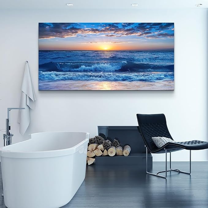 Lapremoly Framed Canvas Wall Art - Large Blue Ocean Beach Wall Painting for Living Room, Bedroom &amp; Office - 24" x 48"