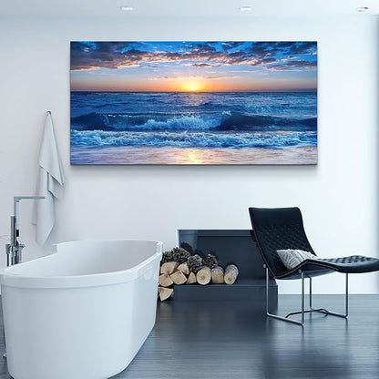 Lapremoly Framed Canvas Wall Art - Large Blue Ocean Beach Wall Painting for Living Room, Bedroom &amp; Office - 24" x 48"