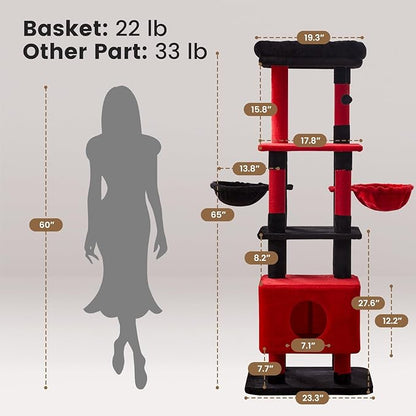 Gardner Pet 65in Heavy Duty Cat Tree Tower for Large Cats, Multi-Level Cat Furniture with Replaceable Sisal Scratching Post, Hammock | Extra-Large Platform &amp; Condo (Black Red, Basic φ:2.84")