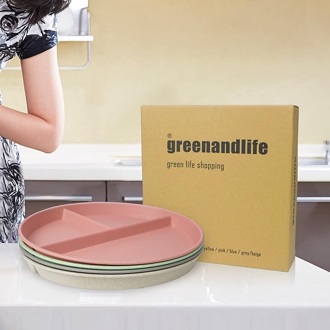 greenandlife 10 Inch 4PCS Unbreakable Portion Control Plates, Divided Plates for Kids Adults, Dishwasher &amp; Microwave Safe Compartment Plate, Lightweight Reusable Wheat Straw Plate, BPA Free