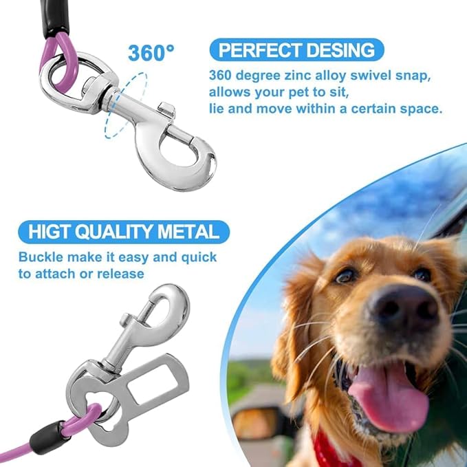 Dog Seat Belt Harness for Car,Dog Seatbelt of Coated Wire Leash Safety Restraint,No Chew Tether Cable Vehicle,Double Clips &amp; Latch(Purple, 32 inch/80 CM)